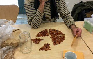 Man seated at a table sorting beans seeds in a pie shape